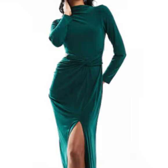 ASOS DESIGN asymmetric ruched knot maxi pencil dress in bottle green - Picture 1 of 3